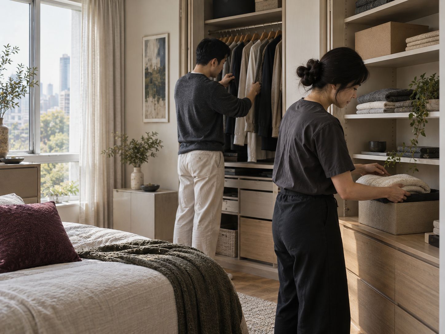 整理师和住户一起整理衣柜